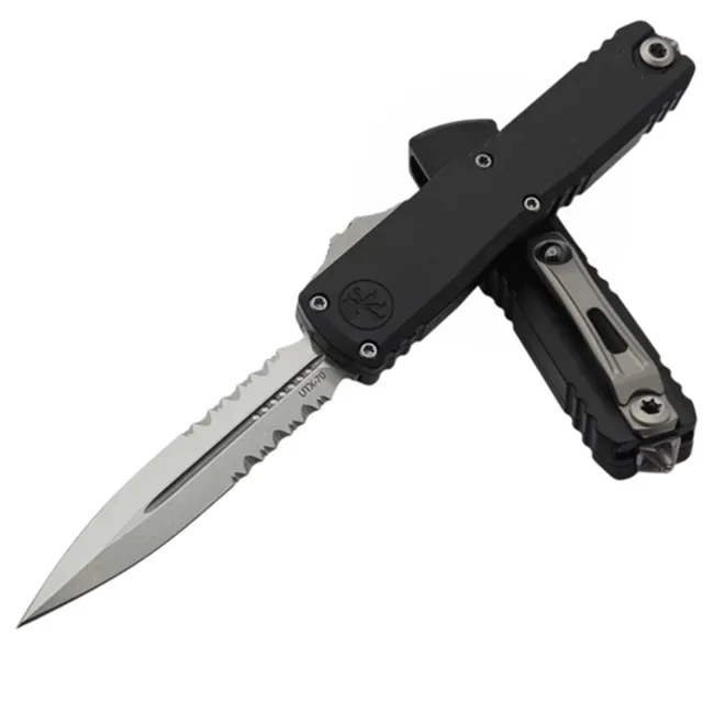 Microtech UTX-70 Gen IV 2.5 In D/E Stonewash Part Serrate Black Handle - MICROTECH
