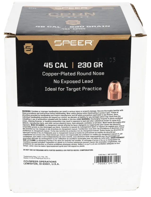Speer 4714 .45 Cal 230gr Copper Plated Round Nose Bullets 500ct Box - Speer - .454