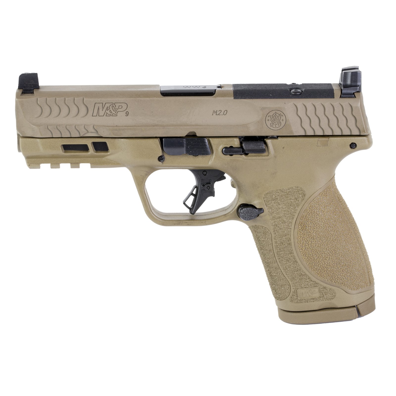 Smith & Wesson 13572 M&P M2.0 Optic Ready Striker Fire 9mm Luger 4" Barrel 15+1, Flat Dark Earth Polymer Frame, Picatinny Acc. Rail, Optic Cut FDE Armornite Stainless Steel Slide, No Manual Safety - Smith & Wesson - 9mm