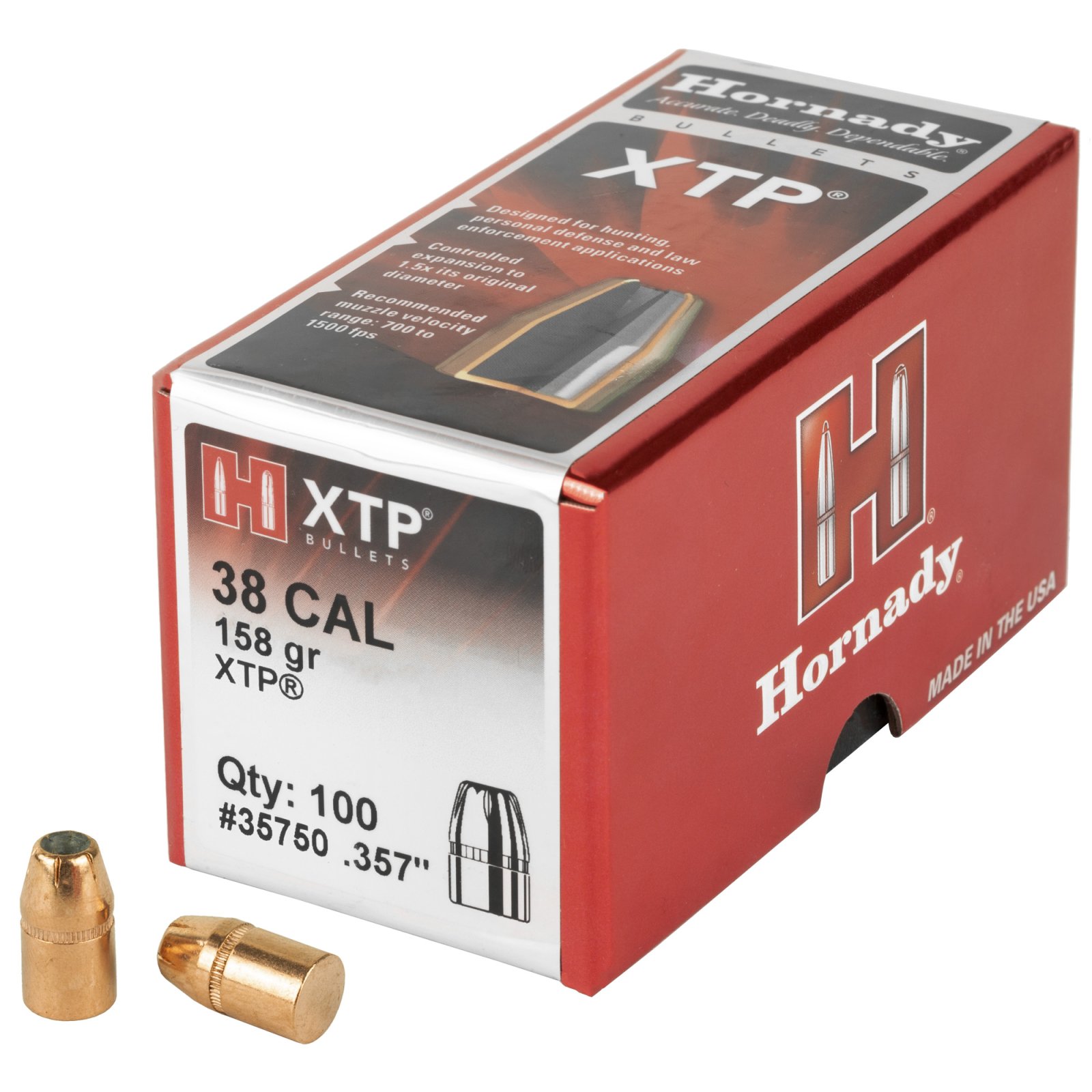 Hornady 35750 XTP Hunting 38 Cal .357 158 gr Hollow Point (HP) - Hornady Manufacturing Company - 38 Caliber