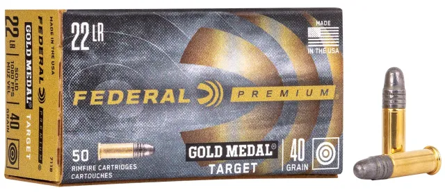 Federal 711B Premium Gold Medal 22 LR 40 gr 1080 fps Lead Round Nose (LRN) 50 Bx/100 Cs