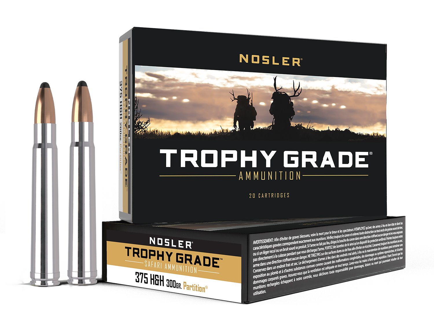 Nosler Safari 375 H&H Magnum 300gr Partition Nickel-Plated Brass Ammo, 20 Rounds - High Performance, Dangerous Game - Nosler - 375 H&H Mag