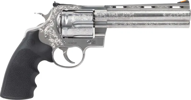 Colt Anaconda 44M 6-Inch Stainless Engraved Revolver - Hogue Grips, Red Ramp