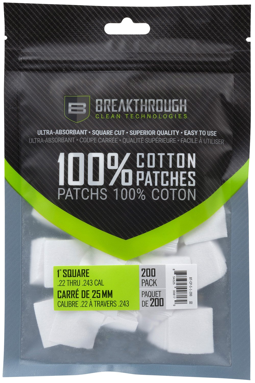 Breakthrough Clean BTCPS1200 Square Patches .22-243 Cal 200 pieces - Breakthrough Clean - .22-.243 CAL.