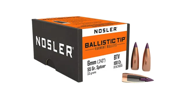 Nosler 24055 Ballistic Tip Varmint 6mm .243 55 gr Spitzer 100 Per Box - Nosler - 6mm