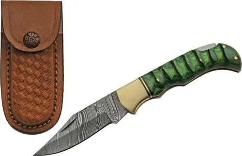 SZCO Supplies Rite Edge 3 In Damascus Blade Green Grooved Wood Lockback - SZCO Supplies for sale at Bang-Bang Tactical