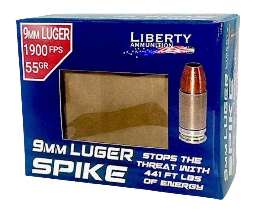 Liberty Spike 9mm Luger 55gr JHP 1900 fps 20/ct LA-SPI2-9MM-55-2000 - Liberty Ammunition