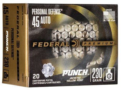 Federal Punch PD45P1 .45 Auto 230gr JHP Ammo - Nickel-Plated Brass, Sealed Primer, 20-Pack - Federal Premium Ammunition - 45 Auto