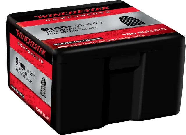Winchester WB9FB115X 9mm Luger 115gr FMJ 100 Count Reloading Bullets