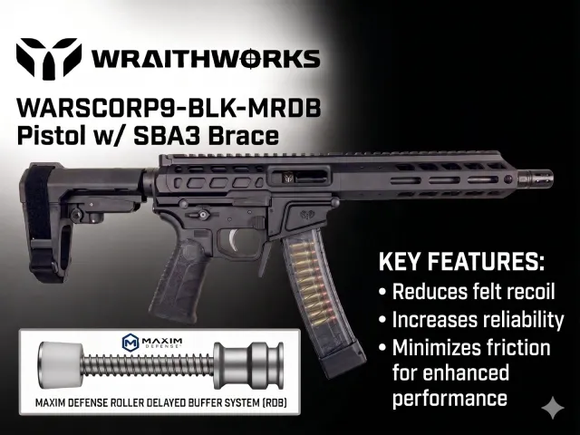 Wraithworks WARSCORP9 9mm 8.5 In Black Roller Delayed SBA3 Brace