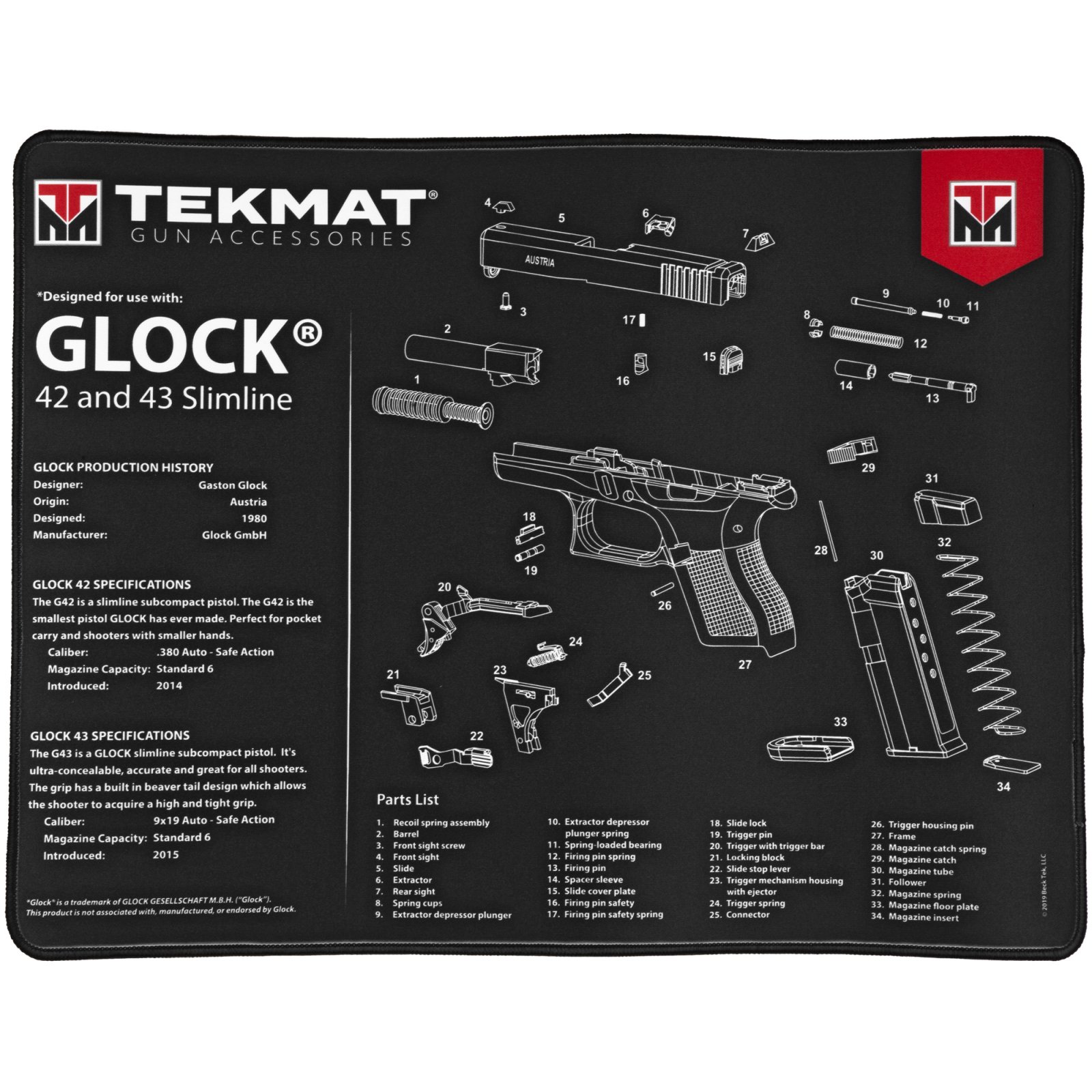 Buy TekMat Ultra 15x20 Black Mat Glock 42/43 Exploded Parts Diagram online