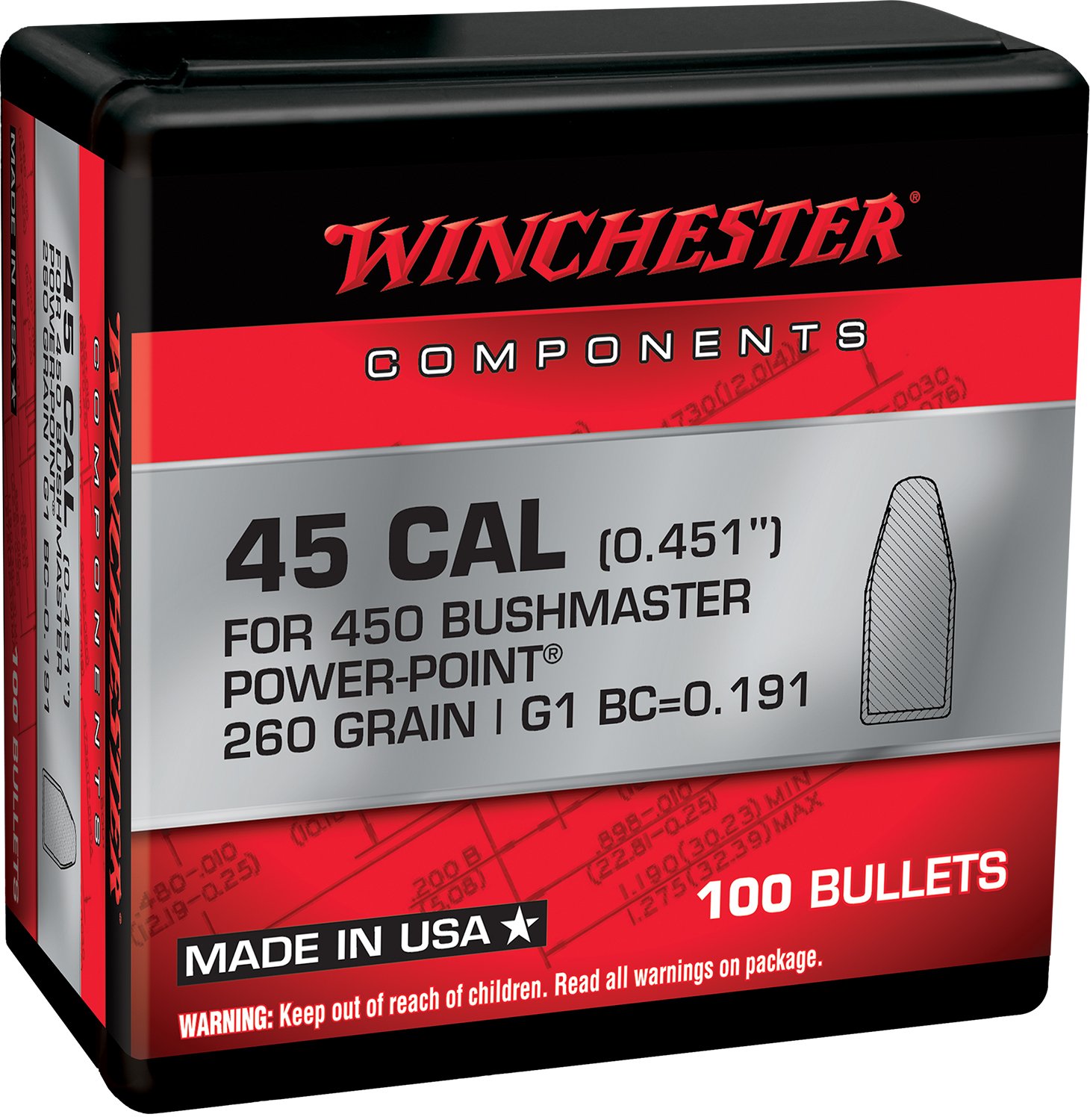Winchester Power-Point WB450P260X 450 Bushmaster 260 gr 100/Box - Winchester - 450 Bushmaster