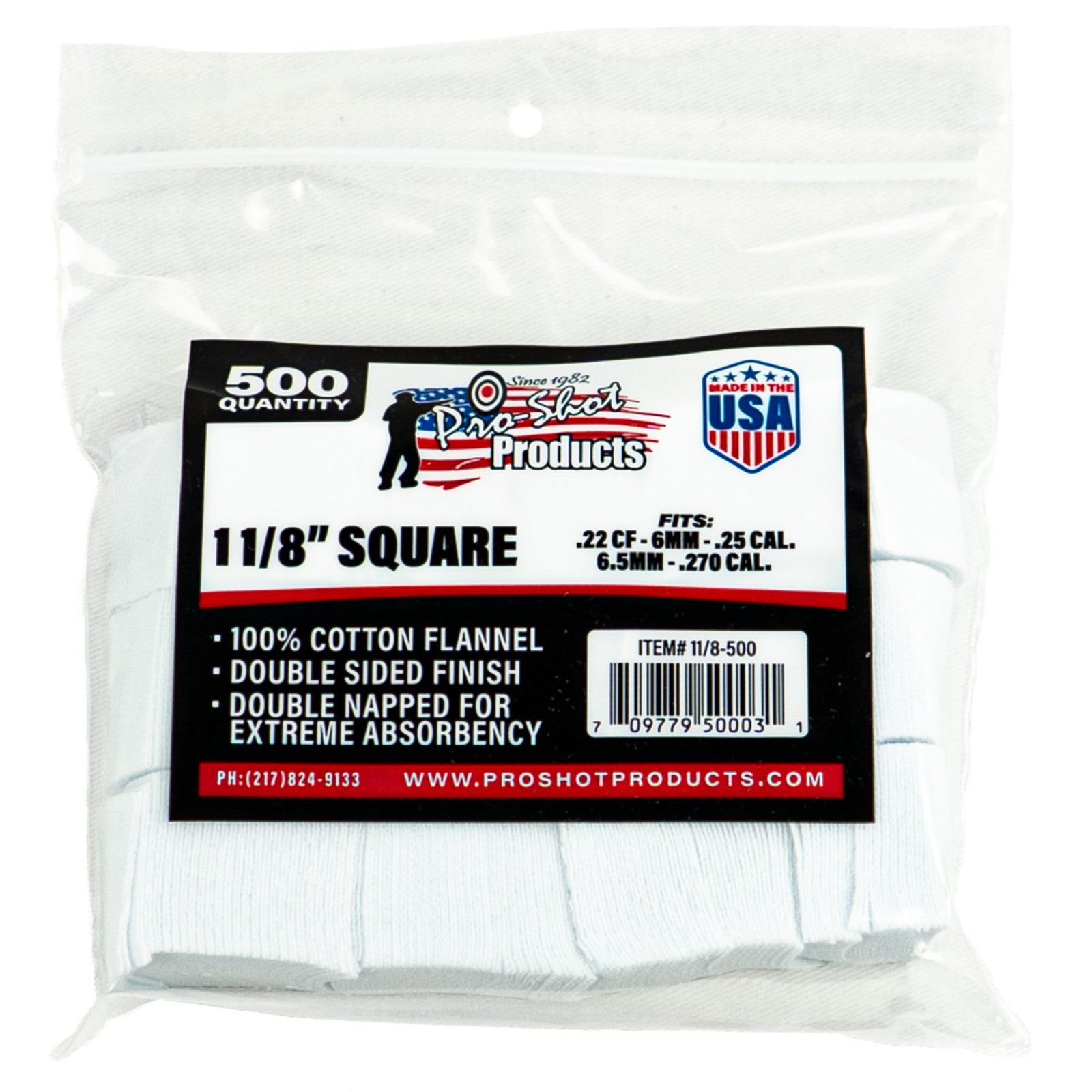 Pro-Shot Cotton Flannel Gun Cleaning Patches 1-1/8" .22-.270 Cal 500 Pack - Pro-Shot Products - 1.125" SQ