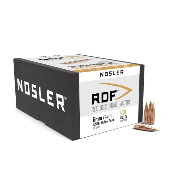 Nosler RDF 6mm .243 Caliber, 105gr HPBT, 500ct - High BC, Wind Drift Resistant, USA Made - Nosler - 243 CALIBER