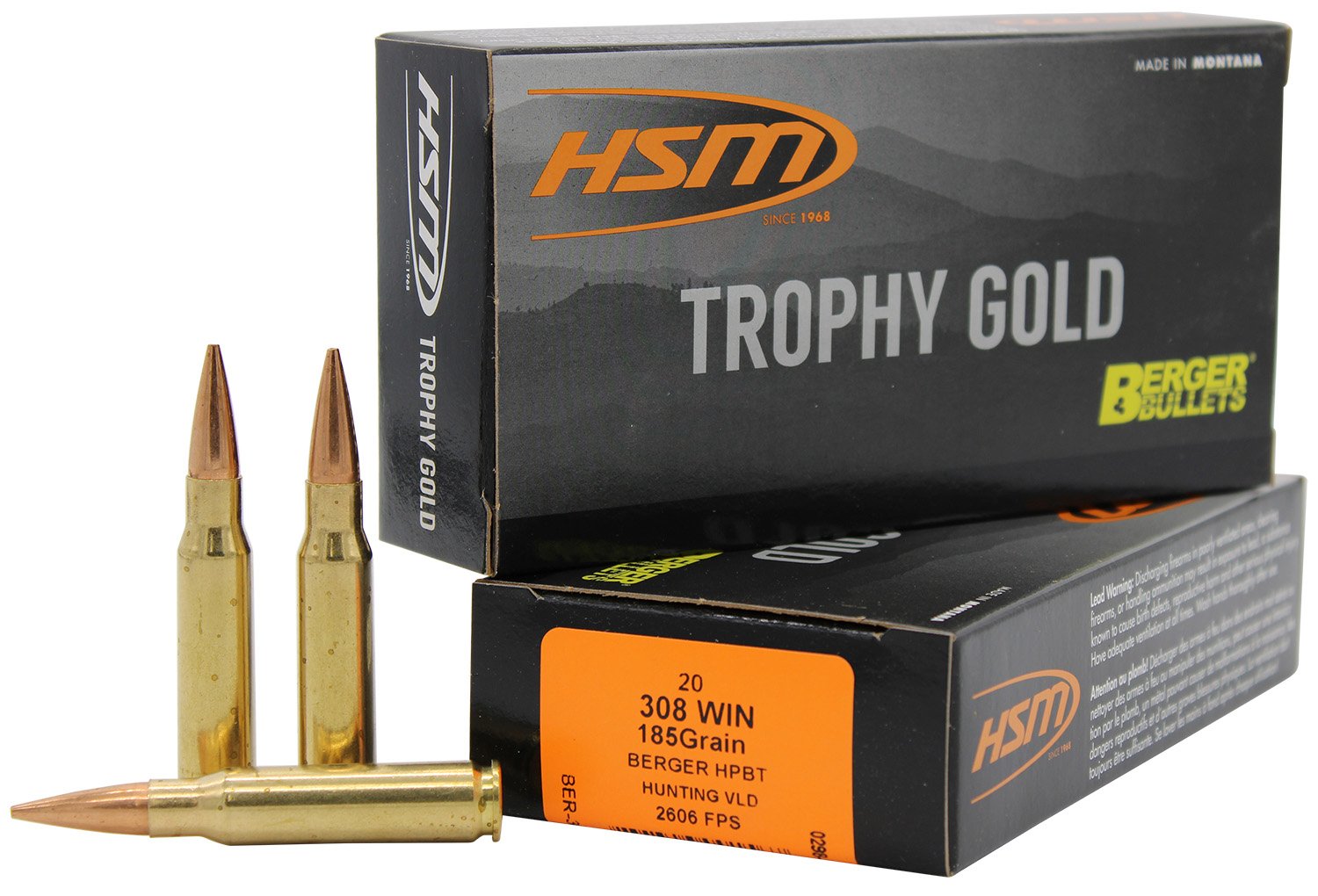 HSM 308185VLD Trophy Gold .308 Win 185gr Berger VLD 20 Rounds - HSM Ammunition - 308 Win/7.62 NATO