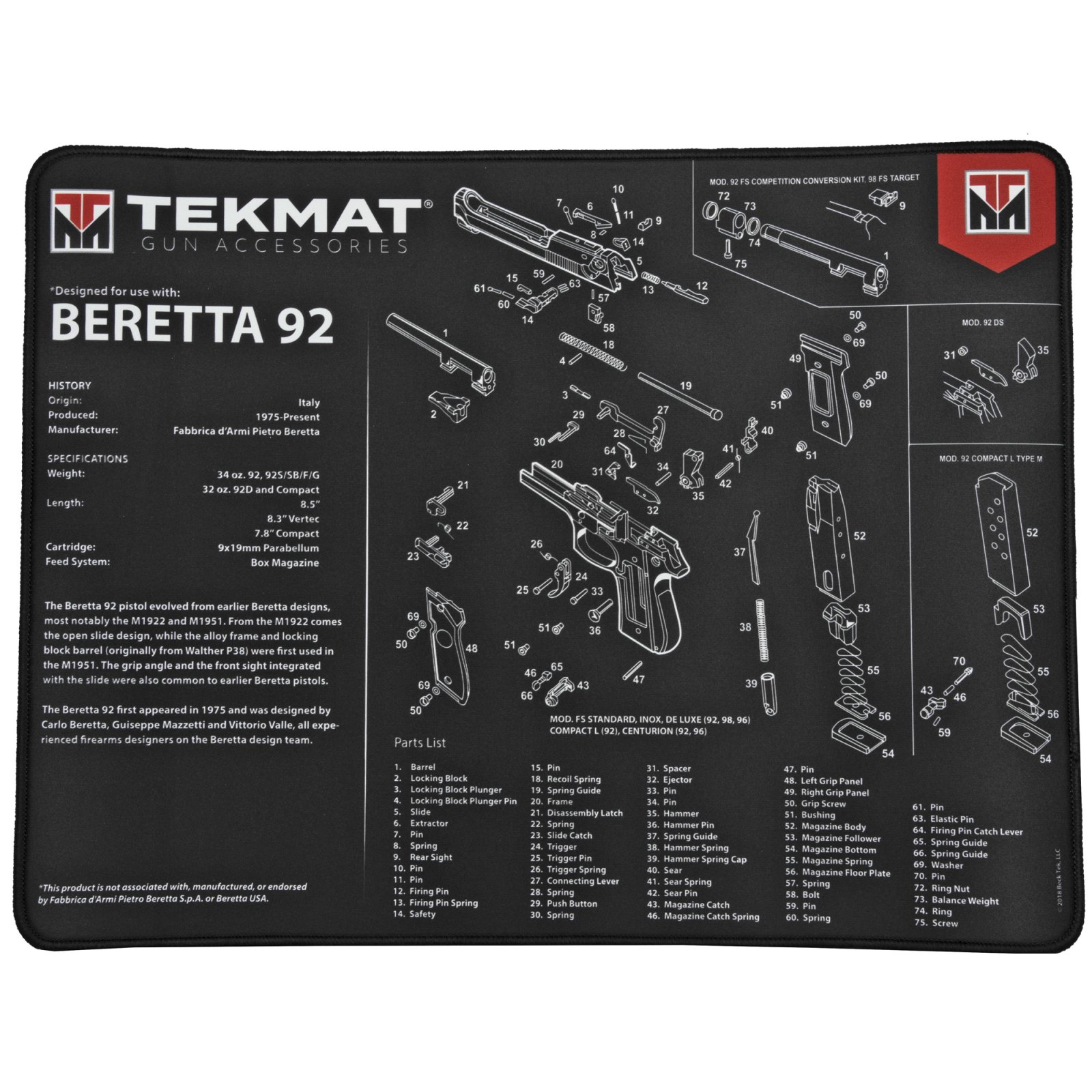 Buy TekMat Beretta 92 Ultra 20 Gun Cleaning Mat Black/White Rubber online