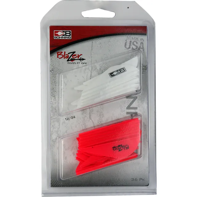 Bohning Blazer Vane Combo White/Hot Pink 36 pk. Universal vane for any broadhead, crossbows, and 3D archery. 2" length, .6" height, 6 grains. - Bohning