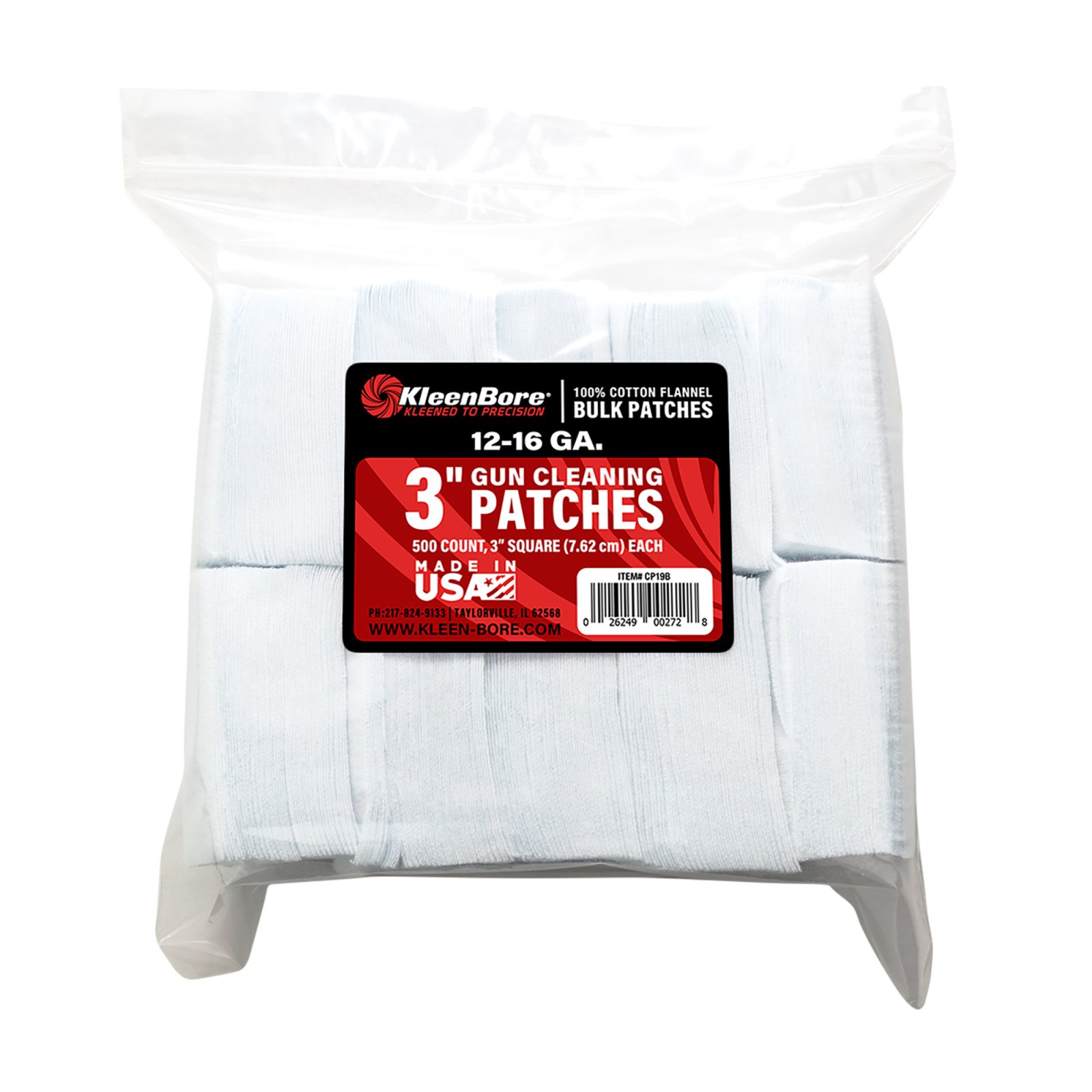 KleenBore SuperShooter Patch 12/16 Gauge 3" Cotton 500 Pack - Kleen Bore - 12 to 16 Gauge
