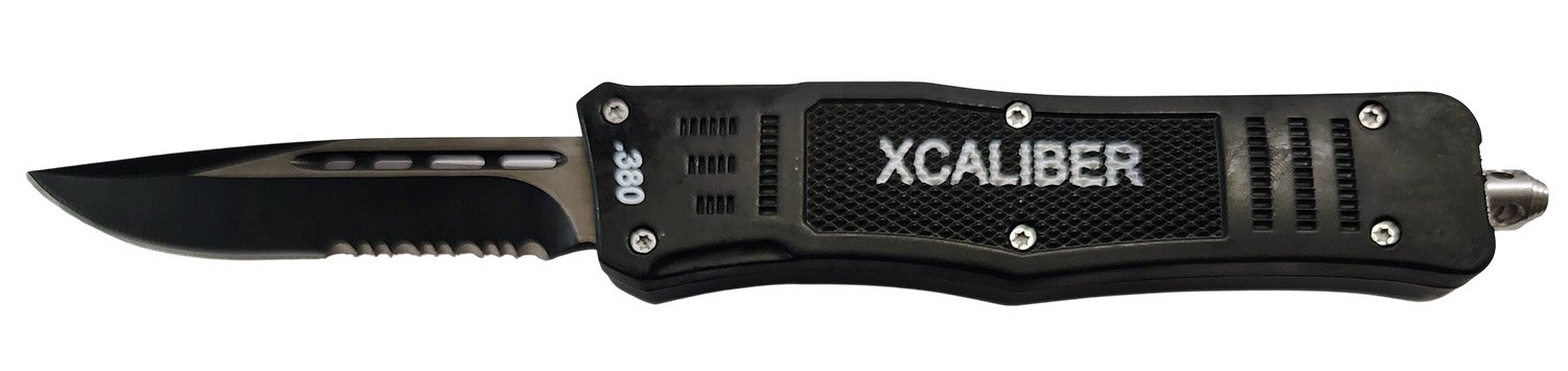 Xcaliber 380 ACP Medium OTF Knife 3.25in Part Serrated Black 440C SS - XCALIBER - 728881687423