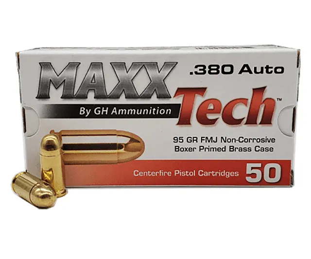 MaxxTech PTGB380B Brass Pistol 380ACP 95gr Full Metal Jacket 50 Per... - MaxxTech - 380 Auto