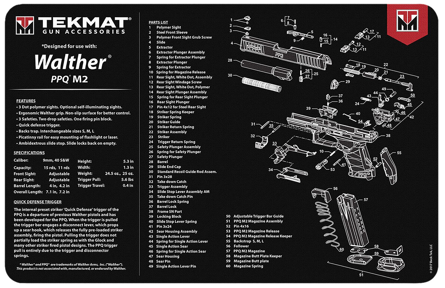 Buy TekMat 11x17 Gun Cleaning Mat Walther PPQ Mod2 1028 TEKR17WALPPQM2 online