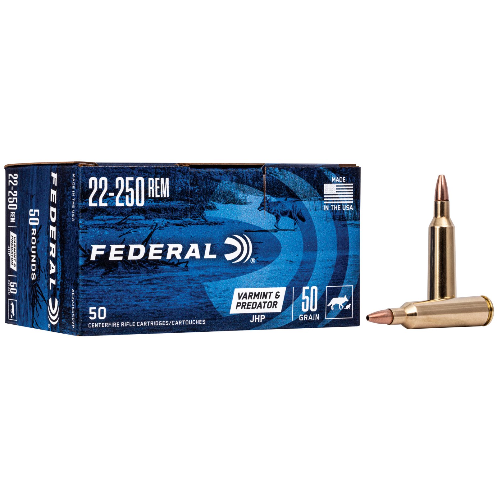 Federal AE2225050VP 22-250 Rem 50gr JHP Ammo 50 Rounds - Federal Premium Ammunition - 22-250 Rem