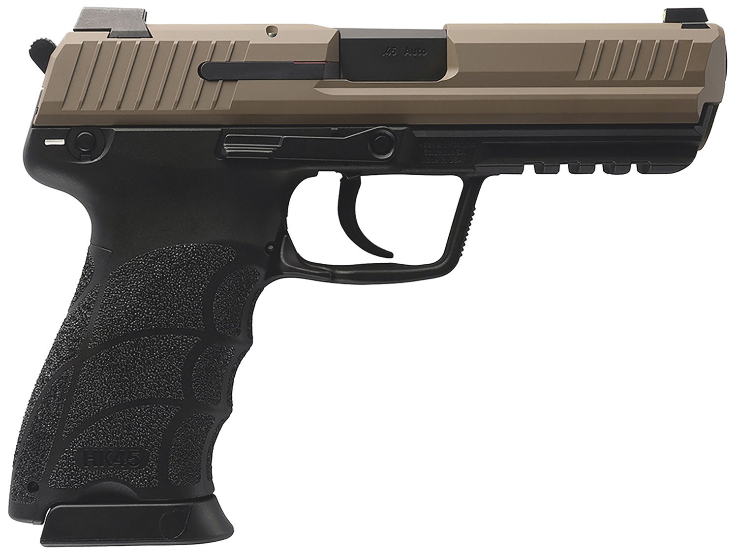 HK 81001208 HK45 V1 45 ACP 10+1 4.46" Black Polygonal Rifled Barrel, Flat Dark Earth Cerakote Serrated Steel Slide, Flat Dark Earth Polymer Frame w/Picatinny Rail, Ambidextrous - HK - .45 ACP/Auto