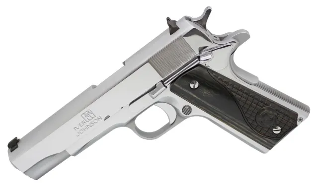 Iver Johnson 1911A1 CHR-W 45 ACP 5" Chrome Black Grip 8rd Semi-Auto