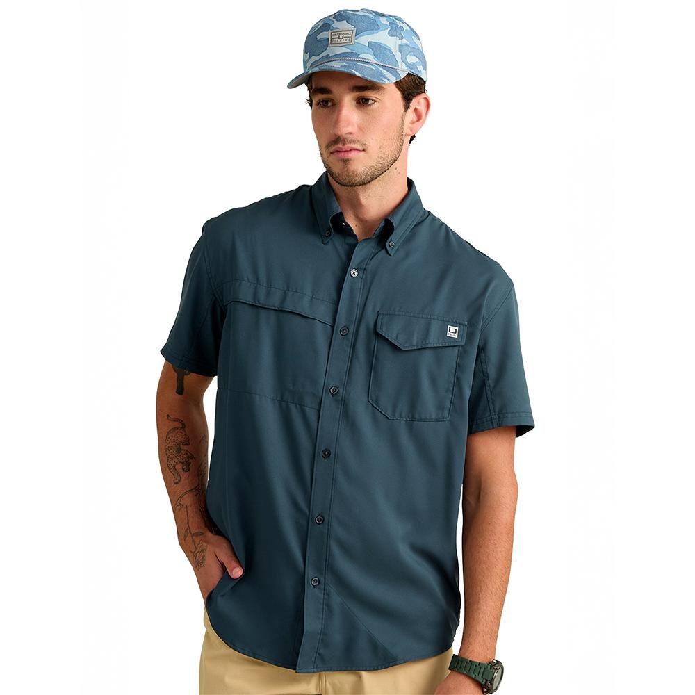 Huk Tide Point Short Sleeve Button Down Shirt Sea Storm S - Marolina DBA HUK