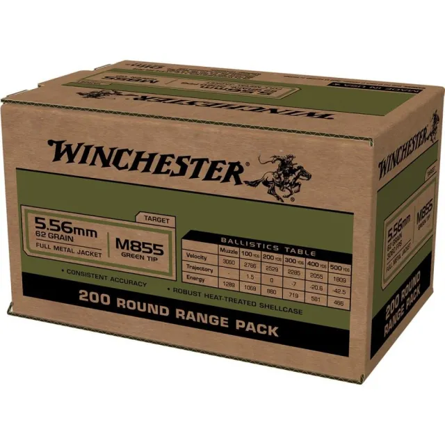 Winchester Usa Lake City M855 Green Tip Rifle Ammunition 5.56mm 62 Gr. Fmj 3060 Fps 800/ct (4-200/ct Boxes)