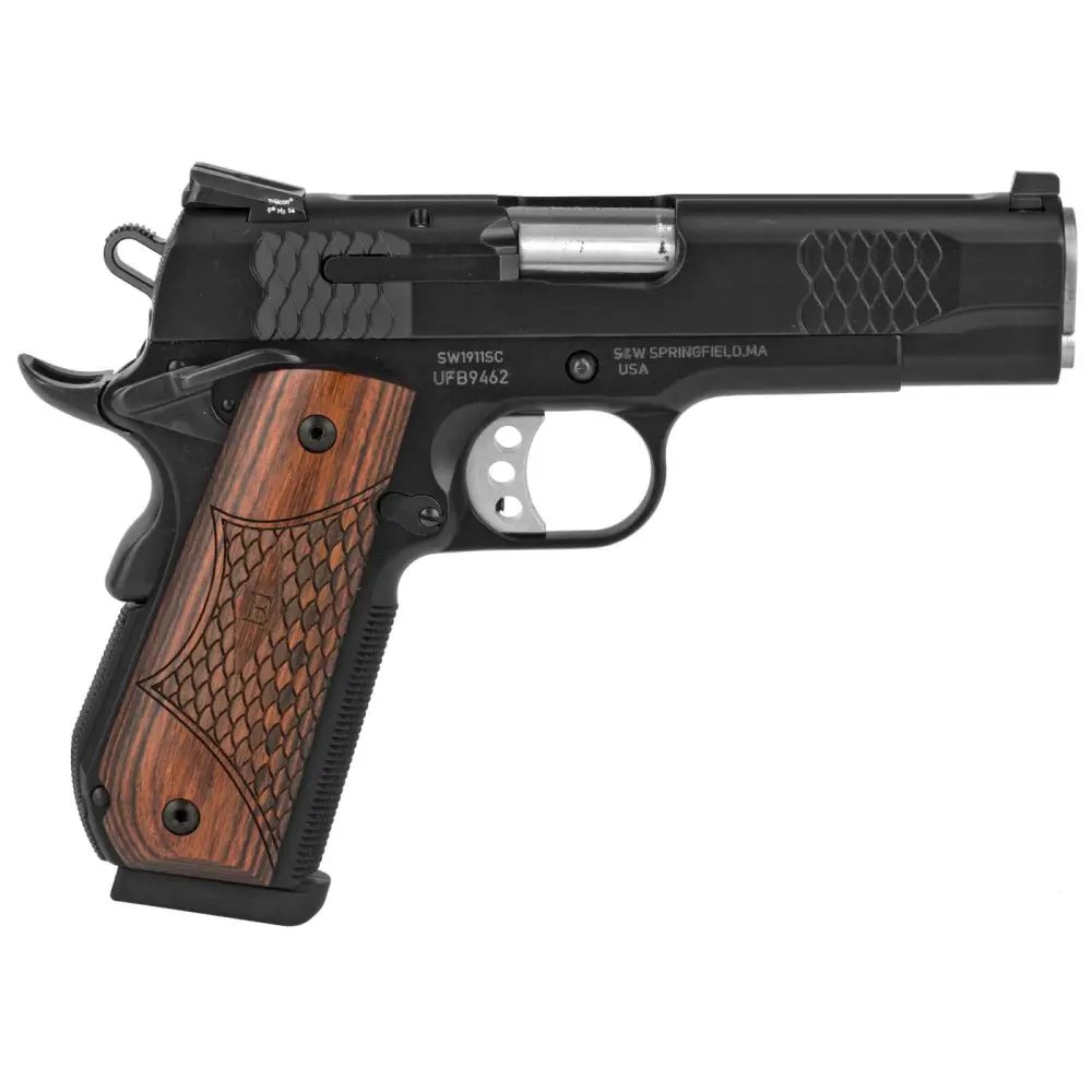 Smith & Wesson 108483 1911 E-Series 45 ACP 4.25" Barrel 8+1 Capacity Black Scandium Frame Stainless Steel Slide Laminate Wood Grip Manual Thumb Safety - Smith & Wesson - 45 ACP