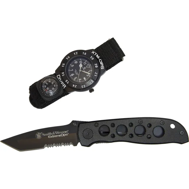 S&W SWXTMOPS2 S&W Extreme Ops Combo 3.18" Folding Plain Black 420 Stainless Steel Blade, Black Handle, Watch w/Compass - CAMP
