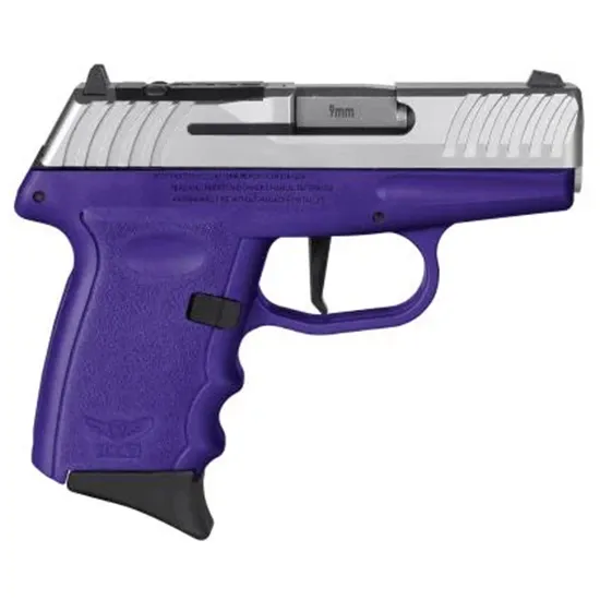 SCCY Roebuck Quad-Lock 9mm Pistol, Satin Stainless Steel, Purple Polymer Stock