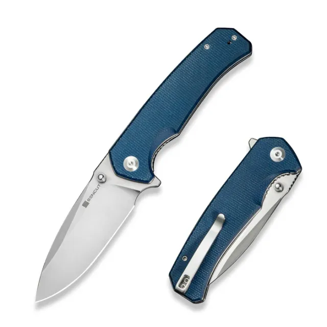 SENCUT Skarnax 3.79In 9Cr18MoV Satin Drop Point Plain Edge Blue Micarta - SENCUT