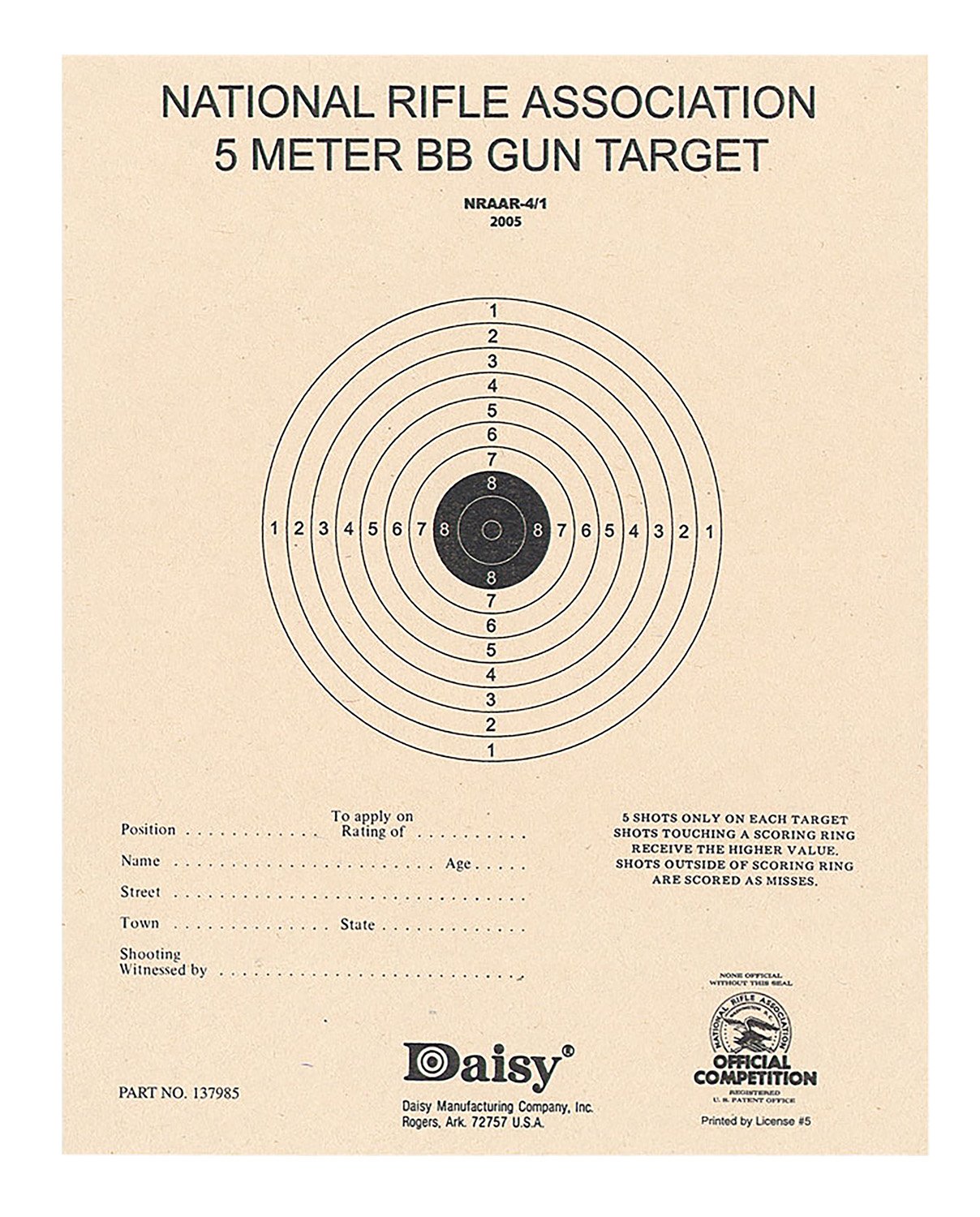 Daisy 408 NRA 5-Meter Target Air Rifle Bullseye Hanging Paper 50 Per Pkg