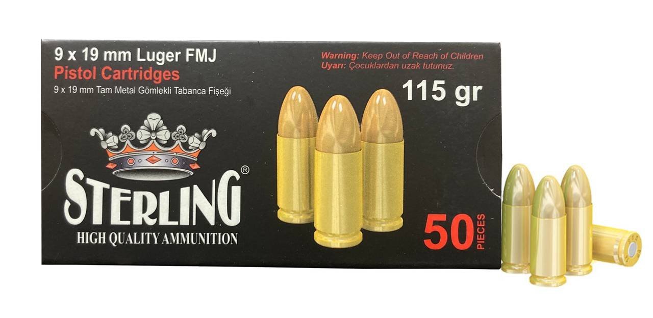 Buy Sterling 500.9.19.L.FMJ 9MM 115 Grain FMJ Brass Case 50 Rounds online