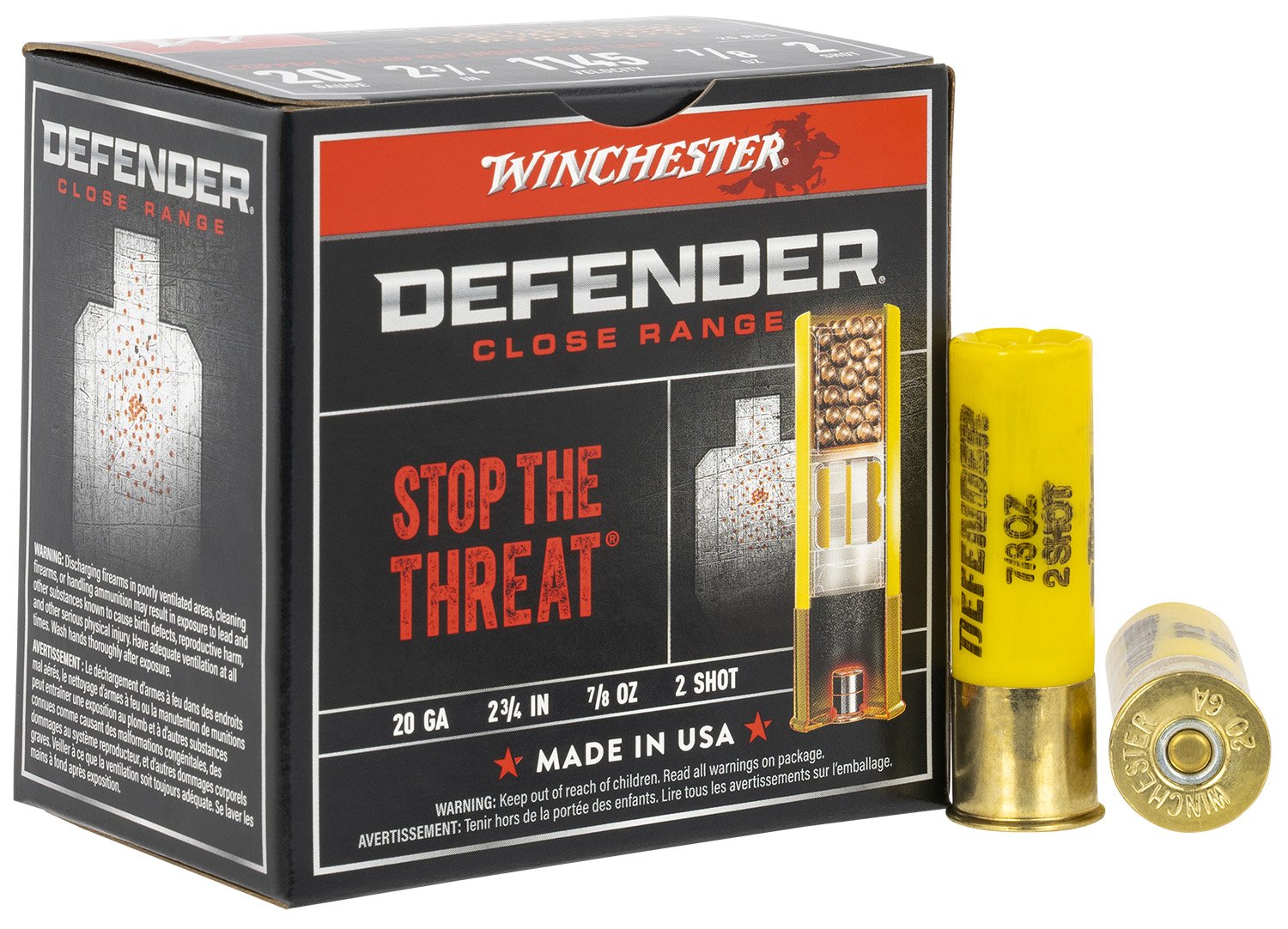 Winchester Ammo S202PD25 Defender 20 Gauge 2.75" 7/8 oz 1145 fps 2 Shot 25 Bx/10 Cs - Winchester - 20 GAUGE