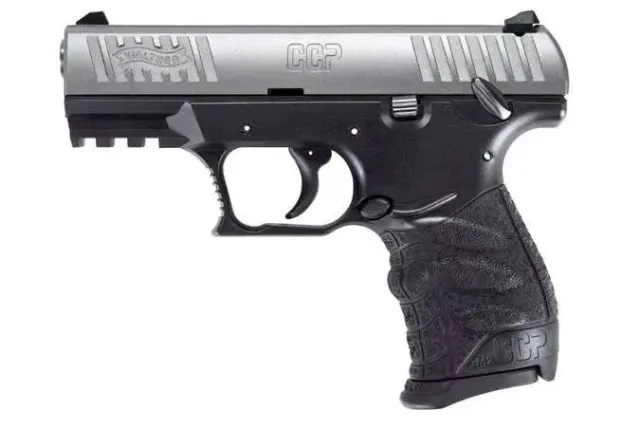 Walther Arms 5083501 CCP M2+ 9mm Luger, 3.54" Barrel, 8+1 Capacity, Black Finish, Picatinny Rail Frame, Serrated Silver Stainless Steel Slide, Finger Grooved Polymer Grip