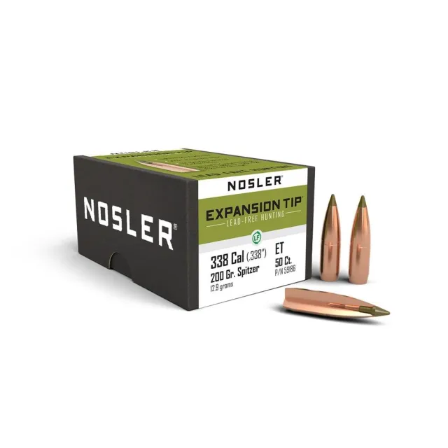 Nosler E-Tip .338 Caliber 200gr Hunting Bullets, 50ct, Lead-Free, Spitzer Boat Tail, Copper Material, USA Origin - Nosler - 338 CALIBER
