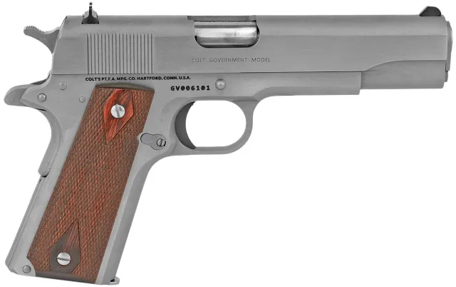 Buy Colt O1911CSS38 1911 Govt 38 Super, 5" National Match Barrel, 9+1 Capacity, Stainless Finish, Serrated Slide, Black Rubber Grip online