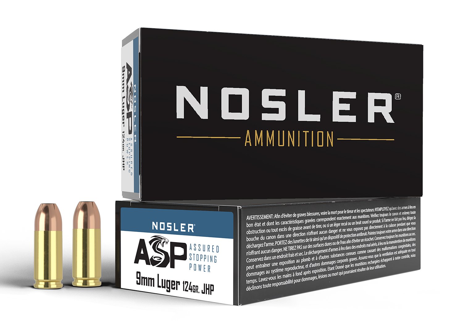 Nosler 51054 Assured Stopping Power Handgun 9mm Luger +P 124 gr JHP 50 Per Box/ 10 Cs - Nosler - 9mm Luger