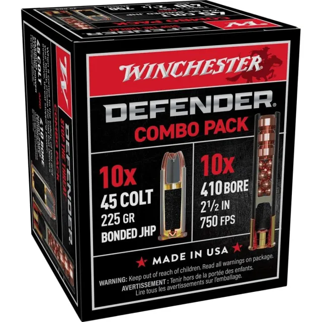 Winchester PDX1 Defender Combo 410 Gauge 2.50" 1/2 oz 750 fps 3 Defense Discs 12 BBs Shot 45 Colt 225 gr Bonded Jacket Hollow Point