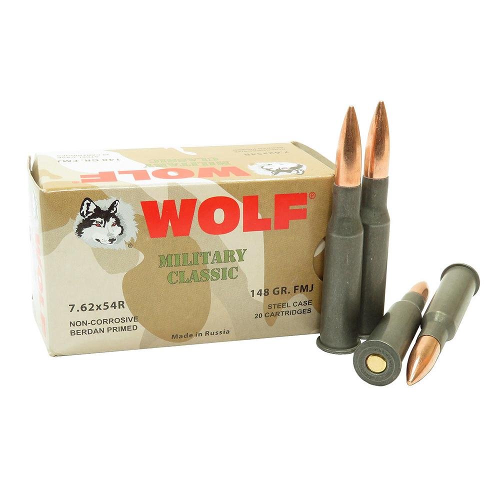 Wolf 76254FMJ148 7.62x54R 148GR FMJ Bimetal Case Ammo 20/Box - Wolf - 7.62x54R