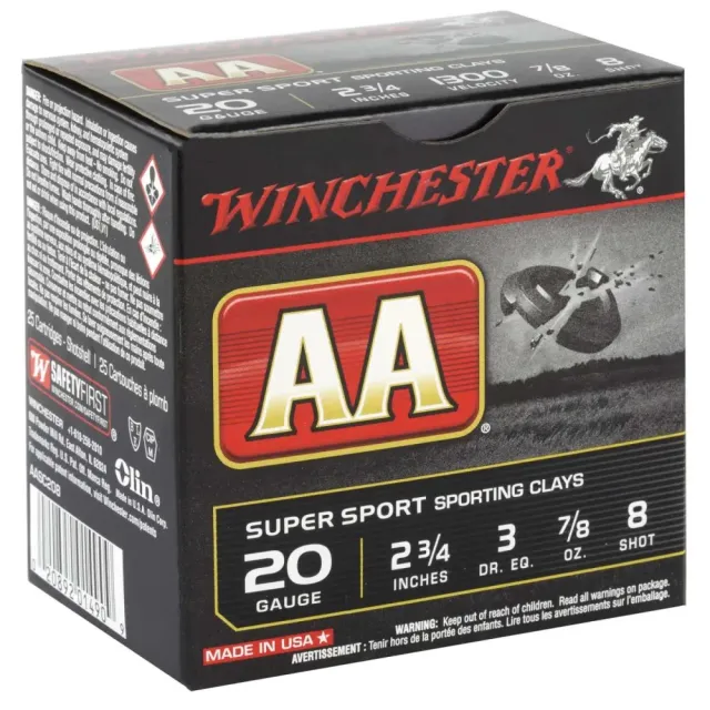 Winchester Ammo AASC208 AA Super Sport Sporting Clay 20 Gauge 2.75" 7/8 oz 1300 fps 8 Shot 25 Bx/10 Cs - Winchester - 20 Gauge