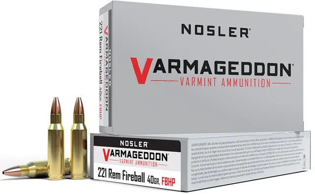 Nosler Varmageddon 221 Remington Fireball, 40gr Hollow Point, Brass Case, 20 Rounds, High Precision