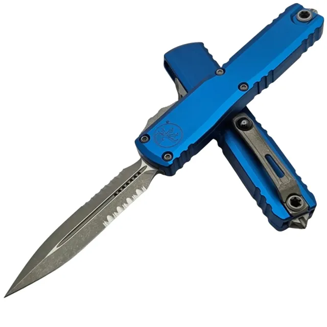 Microtech Ultratech Gen IV 3.55 In D/E Part Serrated Apoc Blue Alu Handle - MICROTECH for sale at Iron and Lace
