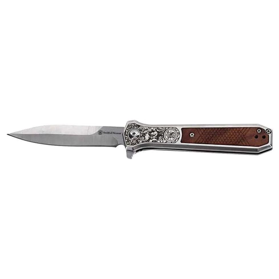Smith & Wesson KT Unwavered Spring Assist Folding Knife 3-1/5 Dagger Blade Silver with Brown Box - Battenfeld Technologies