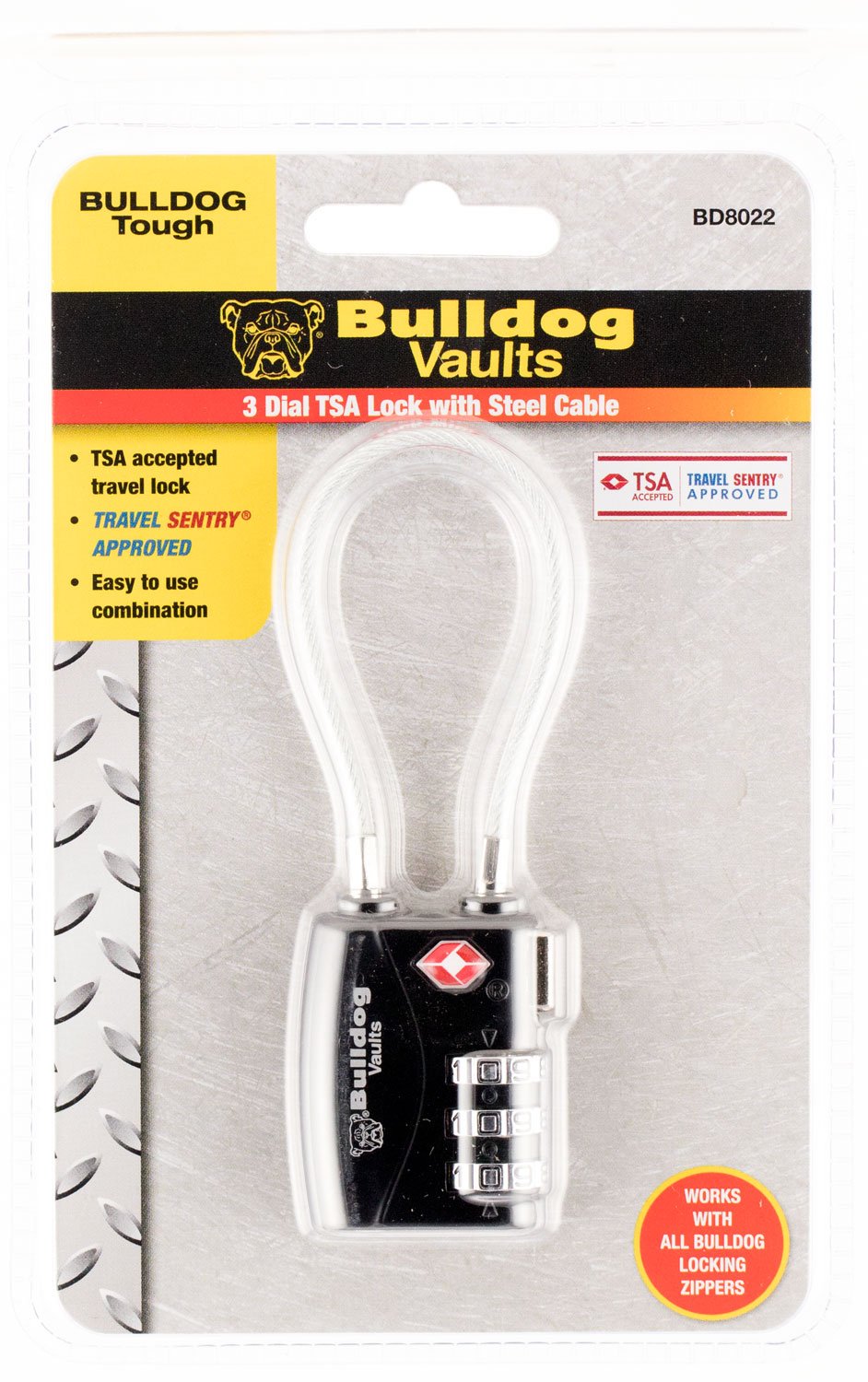Bulldog Cases BD8022: 2.25" Single Pack TSA-Approved Travel Lock with 4.5" Steel Cable - Bulldog