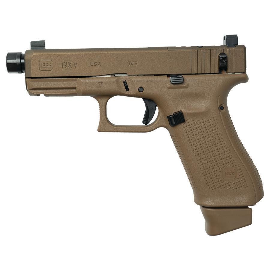 Glock V-Series Model 19x w/HUSH Slide Lock Handgun 9mm Luger 17rd Magazines (3) 4.6 Threaded Barrel Suppressor Sights FDE USA - Glock Inc. - 9mm