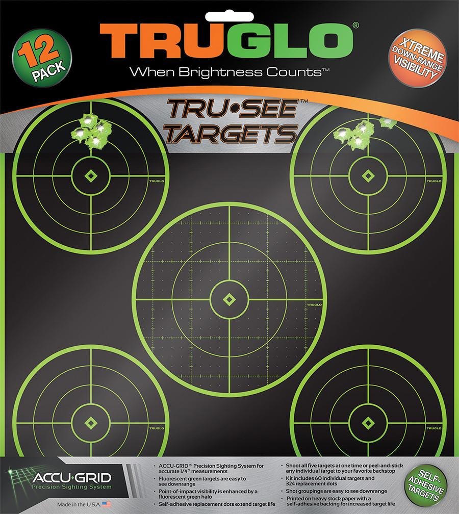 TruGlo TG11A12 Tru-See 5-Bullseye 12"x12" Self-Adhesive Targets 12-Pack